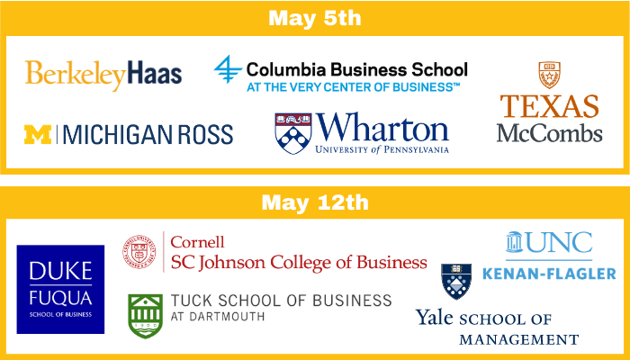 graphic with event dates and schools. May 5th: Berkeley / Haas, Columbia Business School, Michigan / Ross, UT Austin / McCombs, UPenn/ Wharton. May 12th: Cornell / Johnson, Dartmouth / Tuck, Duke / Fuqua, UNC / Kenan-Flagler, Yale School of Management